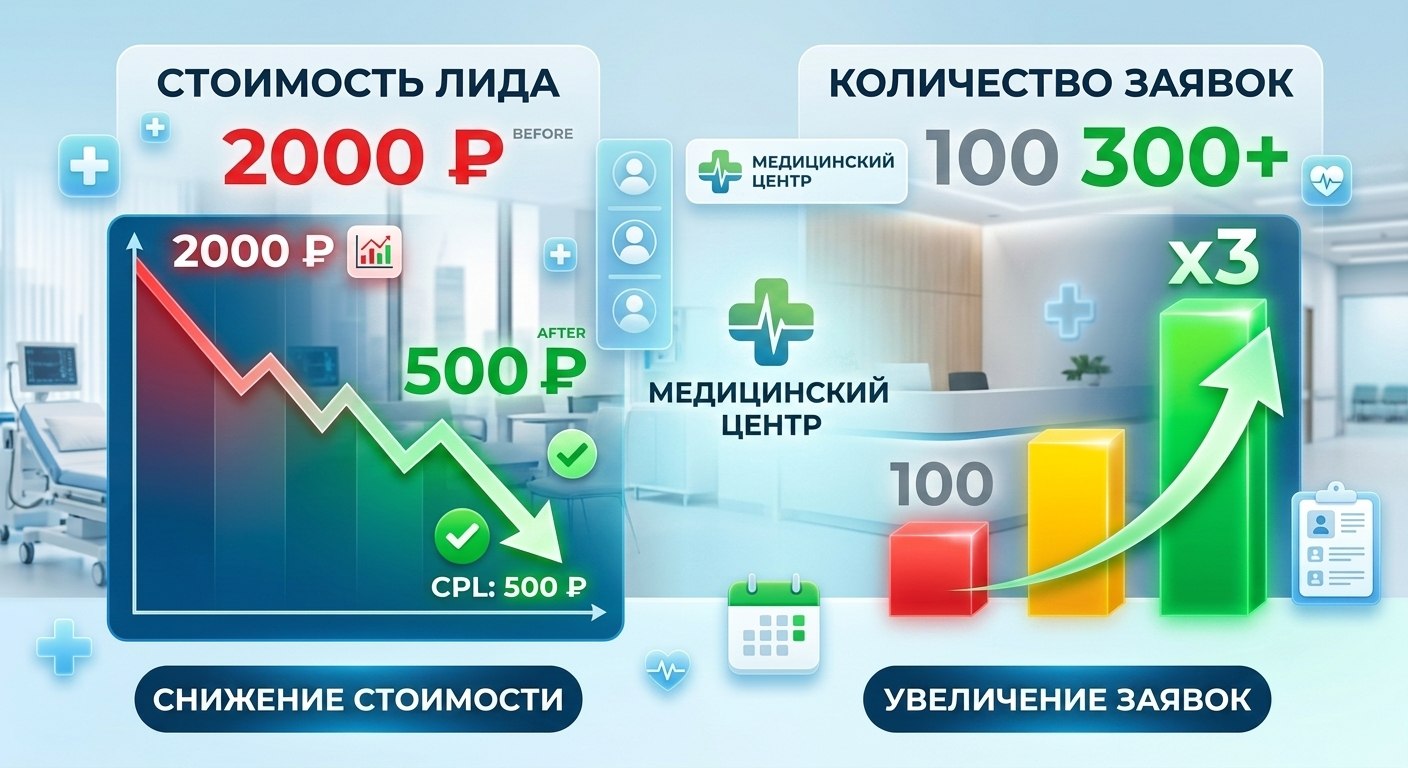 Как мы снизили стоимость лида с 2000 до 500 ₽ и утроили количество заявок для медицинского центра.